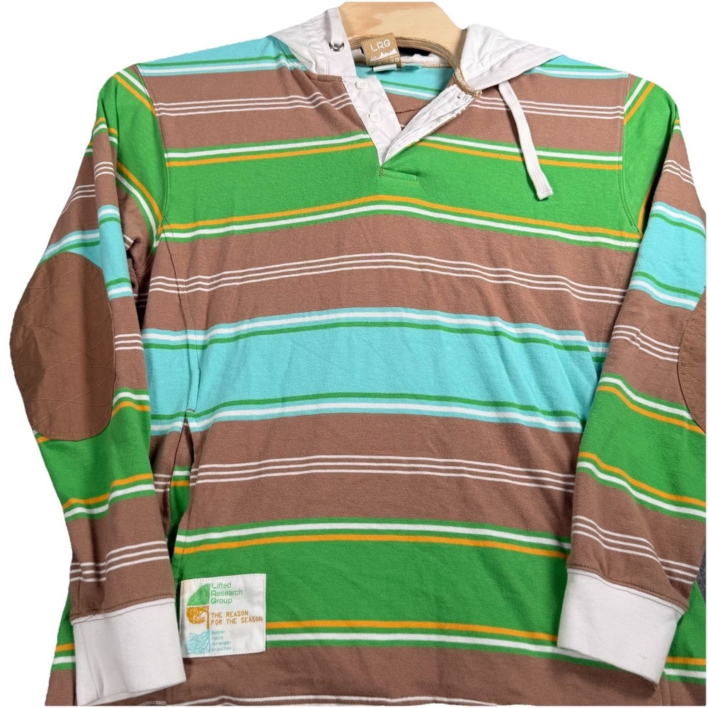 LRG Lifted Research Group Hoodie‎ Mens M Striped Rugby Pullover Tree Graphic